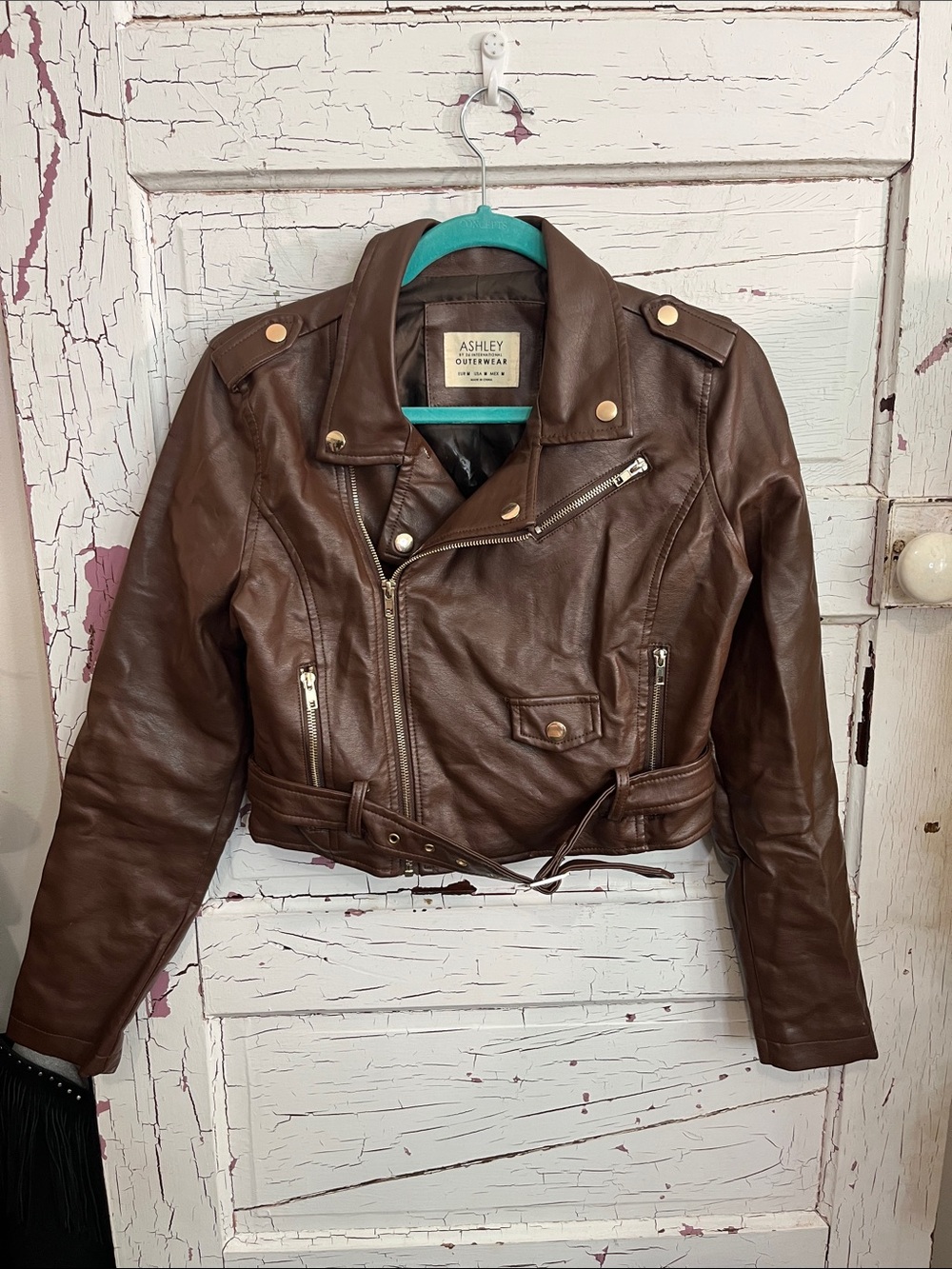 Ashley By 26 International Brown Faux Leather Moto Jacket Sz Med